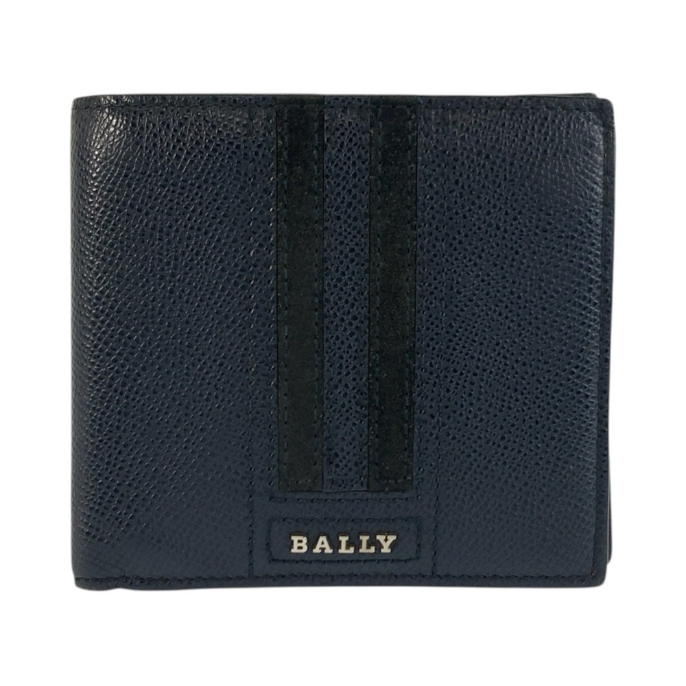BALLY (Bally) Navy Leather Folding Wallet with Silver Hardware - Compact for Men